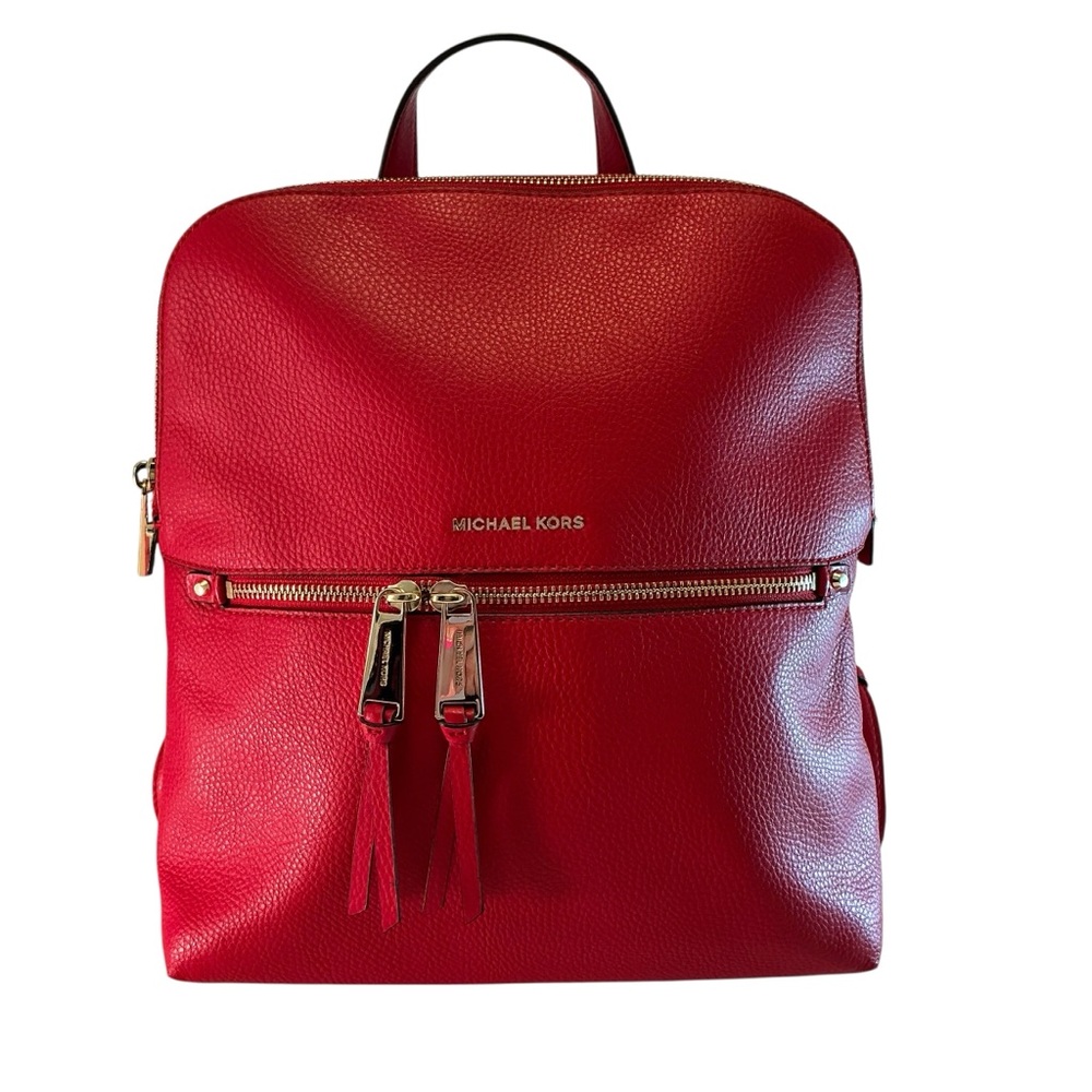 MICHAEL KORS Rhea Pebbled Leather Slim Backpack Solid Red Medium Bag